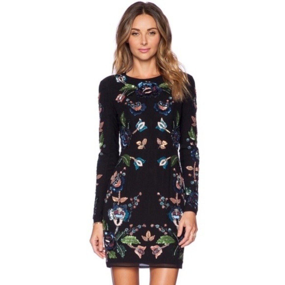 Needle & Thread Floral Embellished Dress‎ Womens 6 Black Forest Sequin Mini NEW